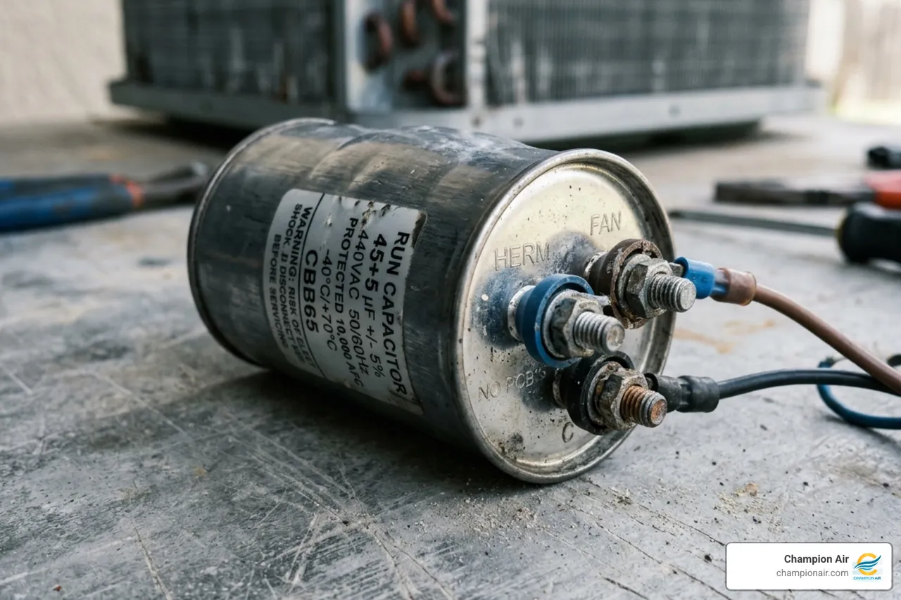 A swollen and bulging AC capacitor showing signs of failure - capacitor failure why it is the most common ac repair A swollen and bulging AC capacitor showing signs of failure - capacitor failure why it is the most common ac repair