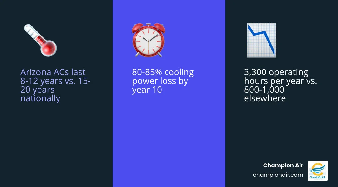 Infographic comparing Arizona AC lifespan vs national average, listing top factors that shorten AC life in the desert - what Infographic comparing Arizona AC lifespan vs national average, listing top factors that shorten AC life in the desert - what