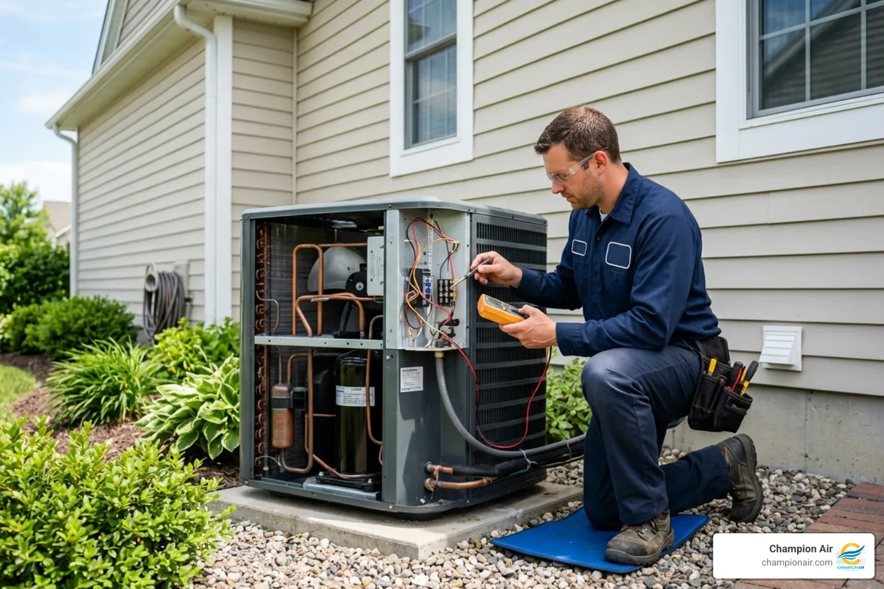 A professional HVAC technician performing a precision tune-up on an outdoor condenser unit - summer energy saving tips for A professional HVAC technician performing a precision tune-up on an outdoor condenser unit - summer energy saving tips for