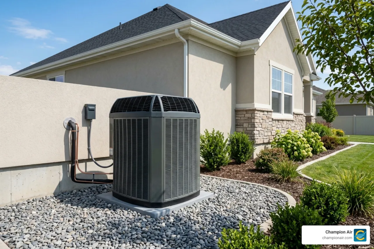 a high-efficiency AC unit installed on a clean gravel pad next to a modern home - how a new ac increases home value a high-efficiency AC unit installed on a clean gravel pad next to a modern home - how a new ac increases home value