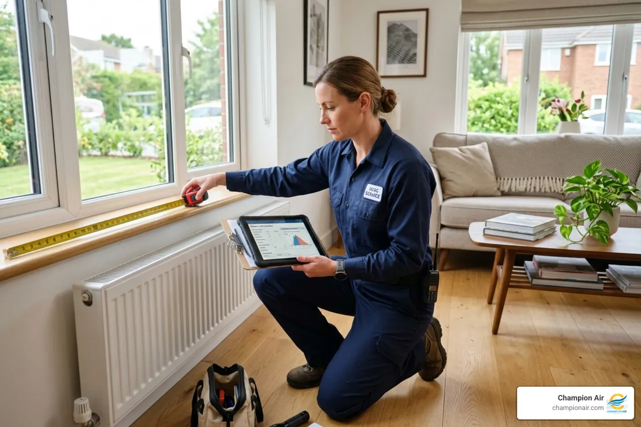 HVAC technician performing a home load calculation using a tablet and measuring tape - what separates a good ac installation HVAC technician performing a home load calculation using a tablet and measuring tape - what separates a good ac installation