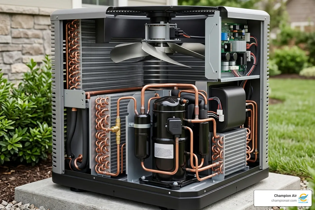 A modern variable-speed inverter compressor unit showing advanced internal components - high efficiency ac features worth A modern variable-speed inverter compressor unit showing advanced internal components - high efficiency ac features worth