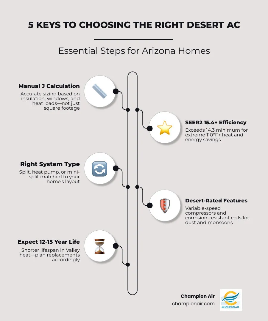 Infographic showing 5 key factors for choosing the right AC system for desert homes: Manual J sizing, SEER2 rating, system Infographic showing 5 key factors for choosing the right AC system for desert homes: Manual J sizing, SEER2 rating, system