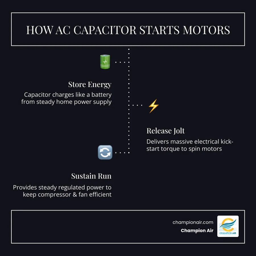 Infographic showing how a capacitor starts the compressor and fan motors in an AC system - capacitor failure why it is the Infographic showing how a capacitor starts the compressor and fan motors in an AC system - capacitor failure why it is the