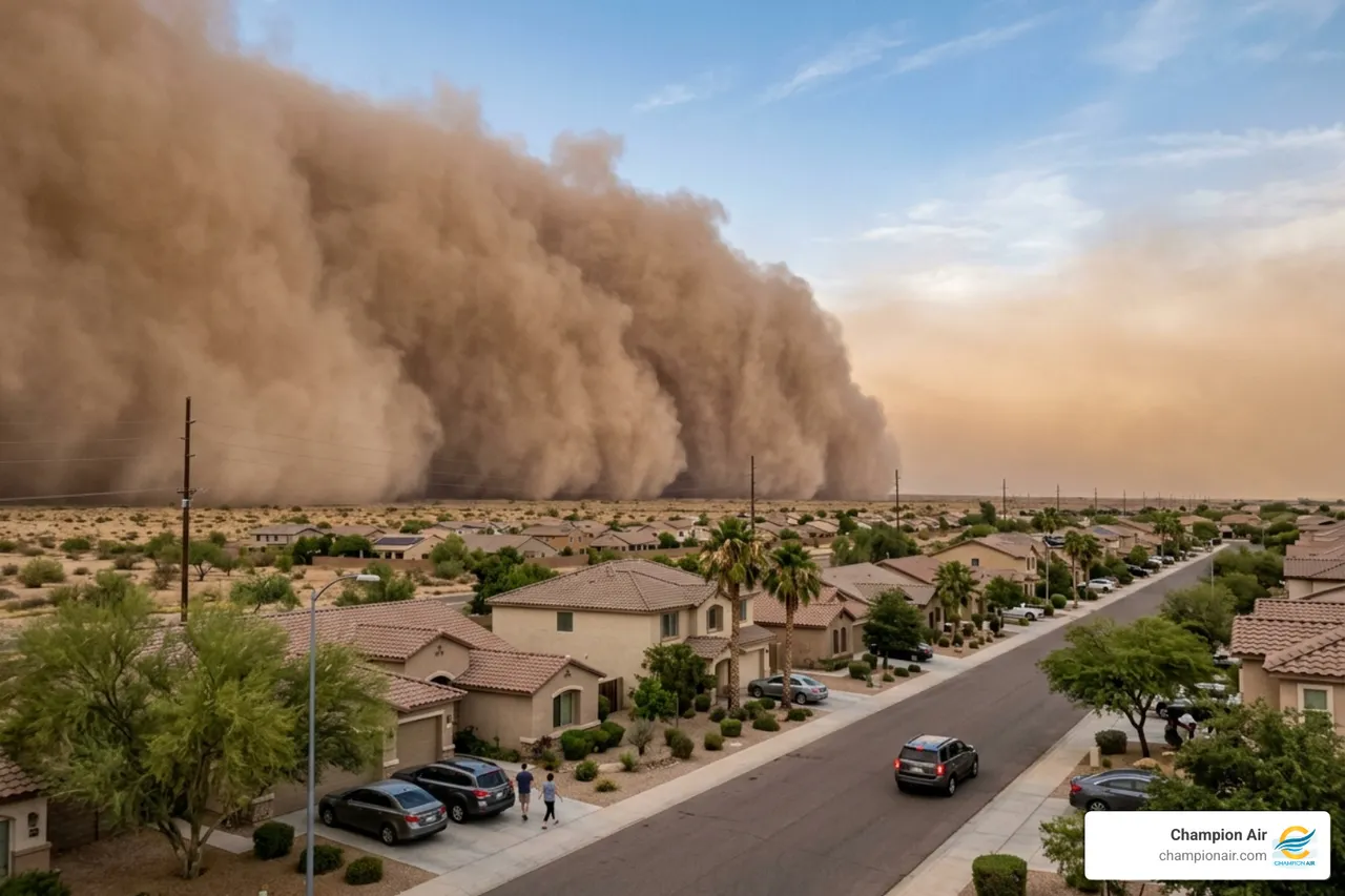dust storm haboob approaching a residential neighborhood in Arizona - benefits of regular ac maintenance in the desert dust storm haboob approaching a residential neighborhood in Arizona - benefits of regular ac maintenance in the desert