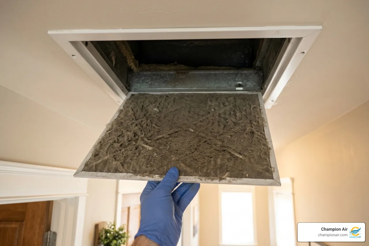 A close-up of a heavily dust-clogged HVAC air filter being removed from a home ceiling vent - how to choose the right ac A close-up of a heavily dust-clogged HVAC air filter being removed from a home ceiling vent - how to choose the right ac