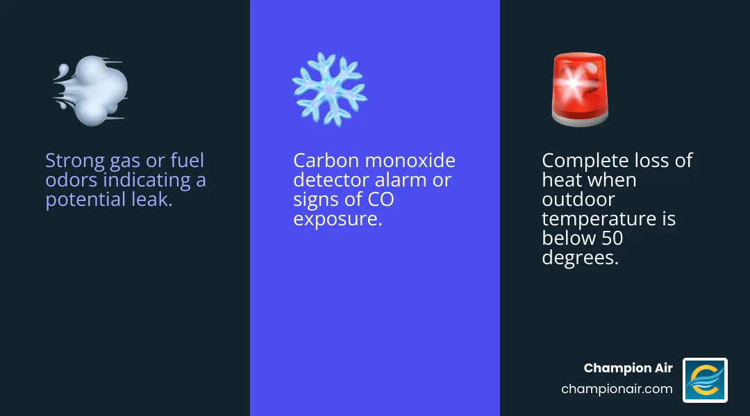 Infographic showing three critical warning signs requiring emergency furnace repair: 1. Strong gas or fuel odors indicating potential leak, 2. Complete loss of heat when outdoor temperature is below 50 degrees, 3. Carbon monoxide detector alarm or signs of CO exposure - furnace repair 24 hour in phoenix, az infographic 3_facts_emoji_blue Infographic showing three critical warning signs requiring emergency furnace repair: 1. Strong gas or fuel odors indicating potential leak, 2. Complete loss of heat when outdoor temperature is below 50 degrees, 3. Carbon monoxide detector alarm or signs of CO exposure - furnace repair 24 hour in phoenix, az infographic 3_facts_emoji_blue