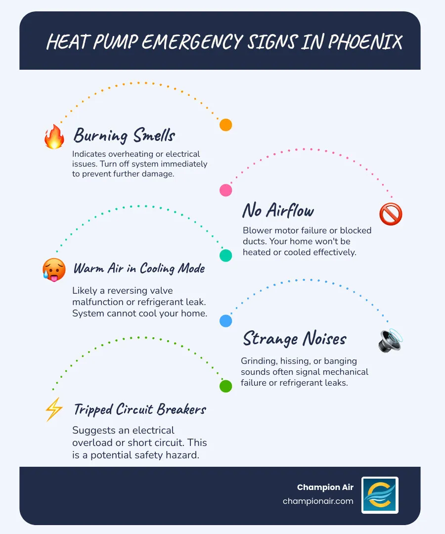 infographic showing heat pump emergency signs including no airflow, warm air in cooling mode, burning smells, frozen coils, strange noises, and high energy bills, with recommended immediate actions for each scenario - heat pump repair 24 hour in phoenix, az infographic infographic-line-5-steps-blues-accent_colors infographic showing heat pump emergency signs including no airflow, warm air in cooling mode, burning smells, frozen coils, strange noises, and high energy bills, with recommended immediate actions for each scenario - heat pump repair 24 hour in phoenix, az infographic infographic-line-5-steps-blues-accent_colors