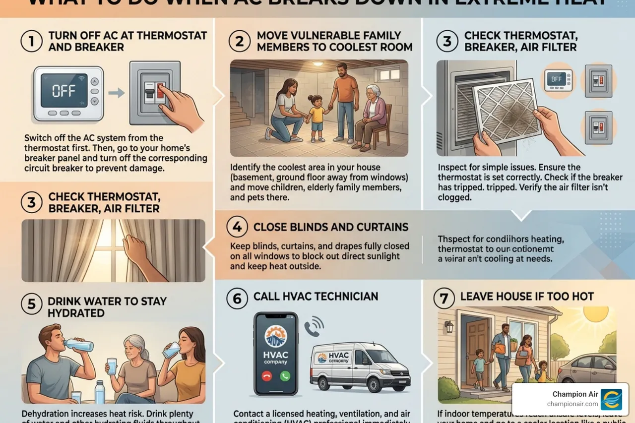 Step-by-step infographic showing what to do when AC breaks down in extreme heat - what to do when your ac breaks down in Step-by-step infographic showing what to do when AC breaks down in extreme heat - what to do when your ac breaks down in