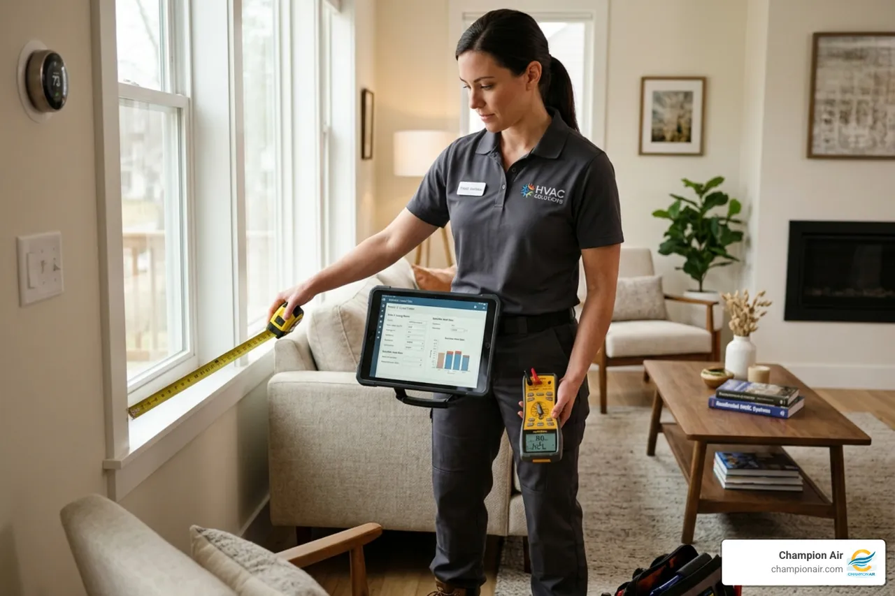 HVAC technician performing a load calculation with a tablet and measuring tools in a residential home - how proper ac HVAC technician performing a load calculation with a tablet and measuring tools in a residential home - how proper ac
