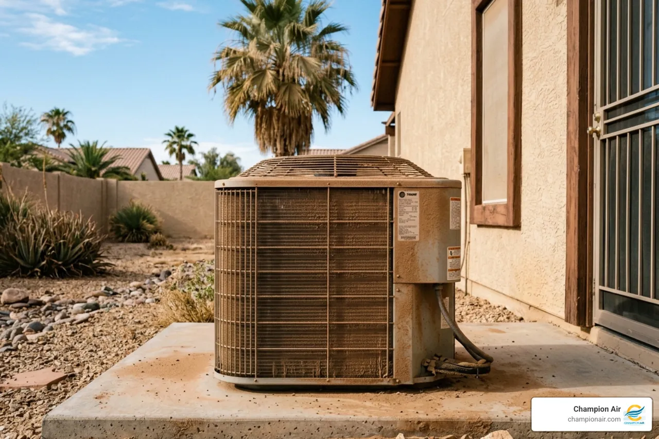 A dust-covered AC condenser unit following a Phoenix haboob - how long does an ac system last in arizona A dust-covered AC condenser unit following a Phoenix haboob - how long does an ac system last in arizona
