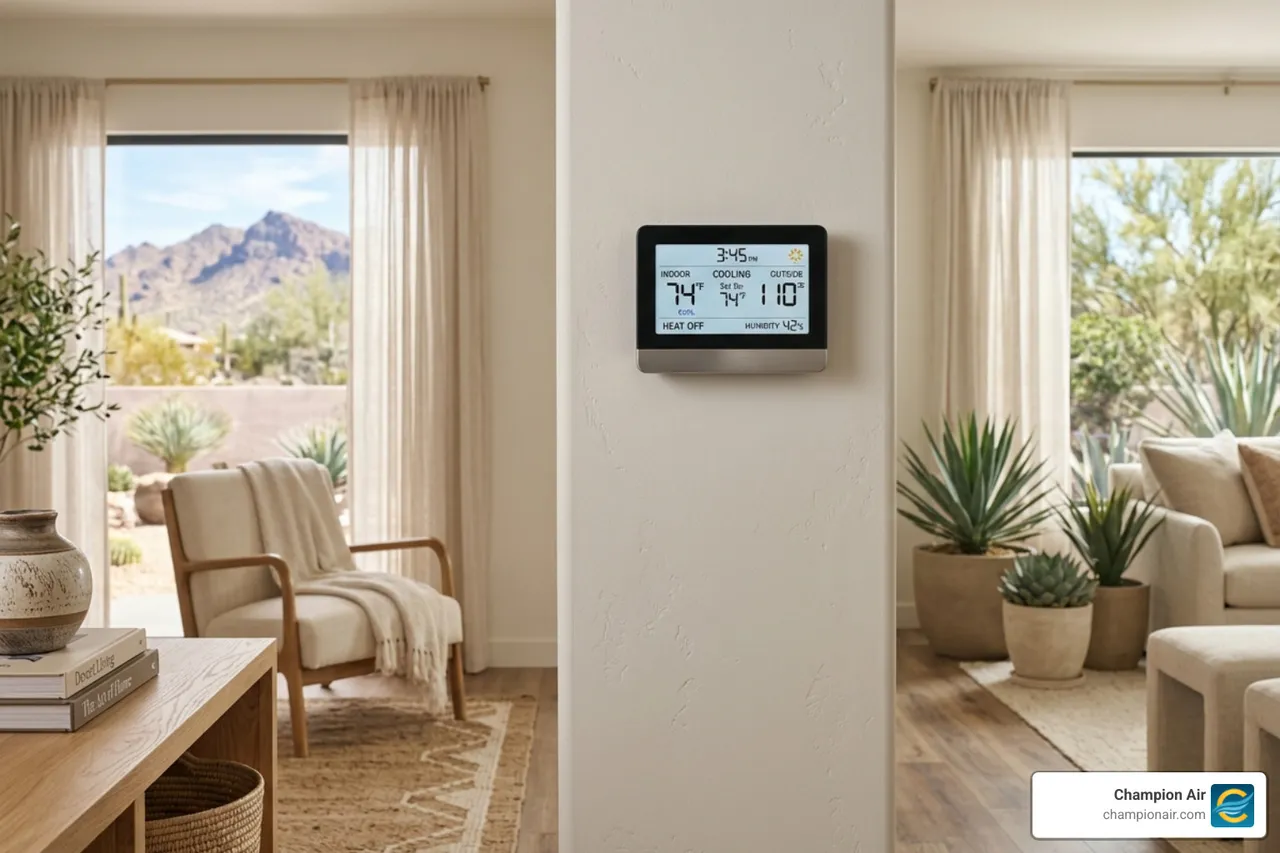 digital thermostat showing 110 degrees outside with a cool modern home interior - heat pump benefits for desert climate digital thermostat showing 110 degrees outside with a cool modern home interior - heat pump benefits for desert climate