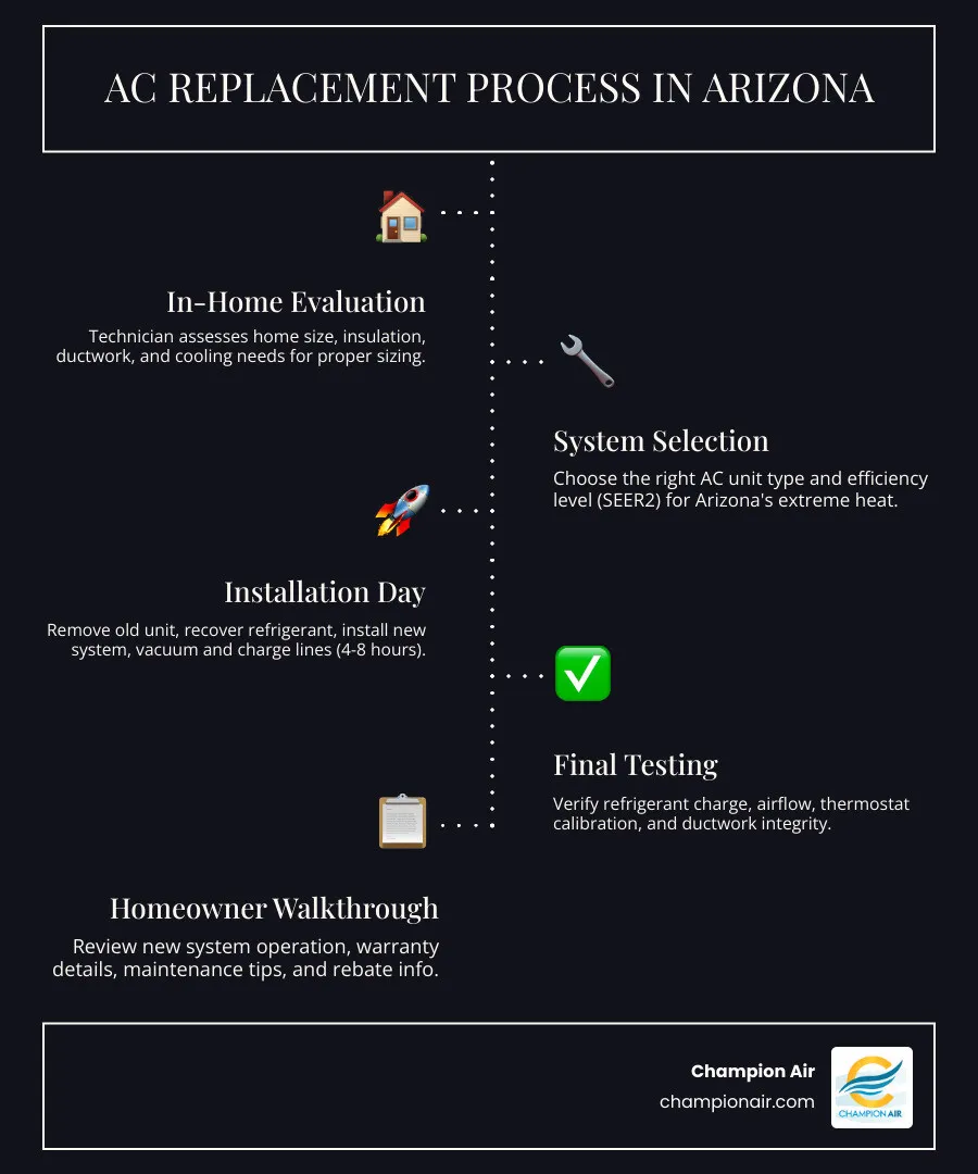 Step-by-step AC replacement timeline infographic from evaluation to final walkthrough for Arizona homeowners - what to Step-by-step AC replacement timeline infographic from evaluation to final walkthrough for Arizona homeowners - what to