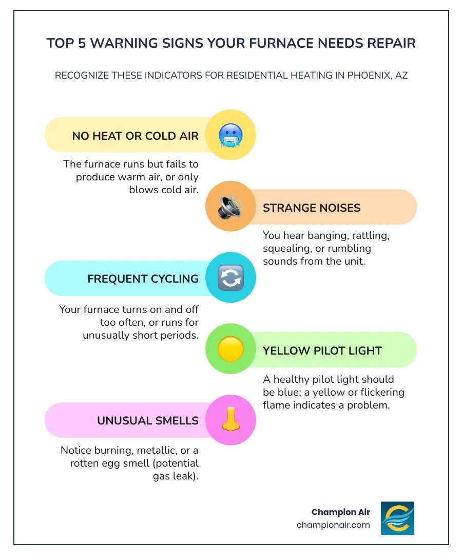 infographic showing five warning signs your furnace needs repair: no heat or cold air, strange banging or rattling noises, frequent on-off cycling, yellow or flickering pilot light, and unusual burning or gas smells - furnace repair residential in phoenix, az infographic infographic-line-5-steps-colors infographic showing five warning signs your furnace needs repair: no heat or cold air, strange banging or rattling noises, frequent on-off cycling, yellow or flickering pilot light, and unusual burning or gas smells - furnace repair residential in phoenix, az infographic infographic-line-5-steps-colors