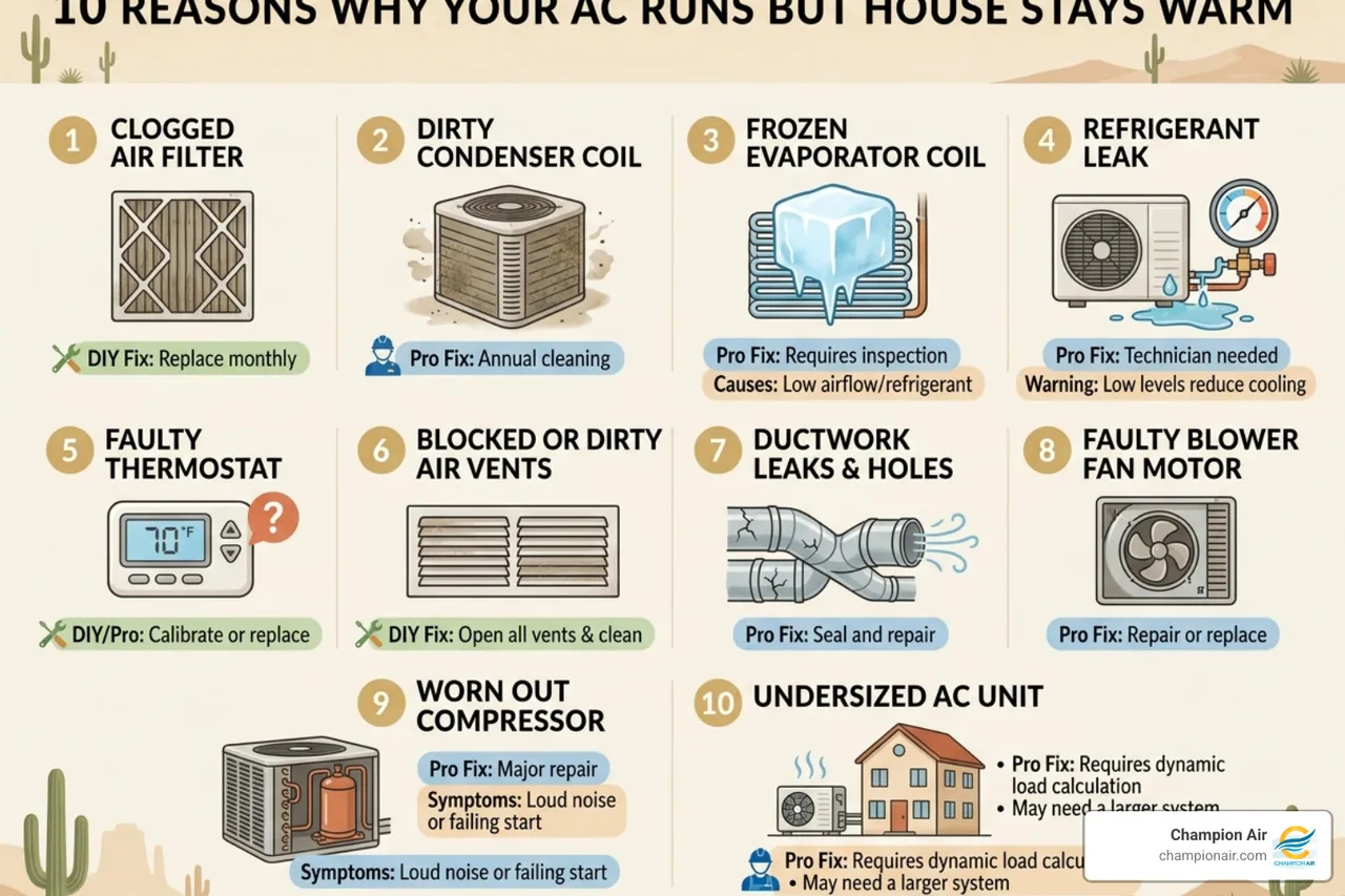 infographic showing 10 common reasons AC runs but house stays warm with DIY vs professional fix labels - ac running but infographic showing 10 common reasons AC runs but house stays warm with DIY vs professional fix labels - ac running but