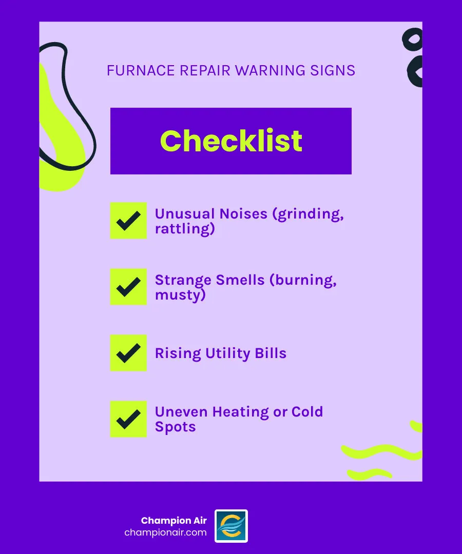 Infographic showing top 5 warning signs a furnace needs repair: unusual noises like grinding or rattling, strange burning or musty smells, rising utility bills without increased usage, uneven heating or cold spots in rooms, and pilot light that is yellow or red instead of blue - furnace repair company in scottsdale, az infographic checklist-fun-neon Infographic showing top 5 warning signs a furnace needs repair: unusual noises like grinding or rattling, strange burning or musty smells, rising utility bills without increased usage, uneven heating or cold spots in rooms, and pilot light that is yellow or red instead of blue - furnace repair company in scottsdale, az infographic checklist-fun-neon