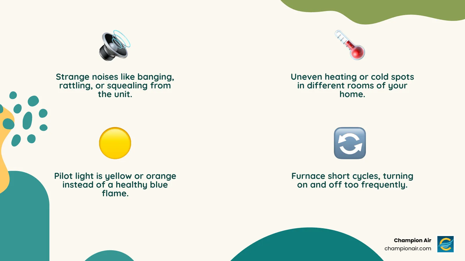 Infographic showing common furnace warning signs including strange noises like banging and rattling, uneven heating with cold spots in rooms, yellow pilot light instead of blue flame, short cycling with frequent on-off switching, increased energy bills, and unusual burning or fuel smells - furnace repair local in phoenix, az infographic 4_facts_emoji_nature Infographic showing common furnace warning signs including strange noises like banging and rattling, uneven heating with cold spots in rooms, yellow pilot light instead of blue flame, short cycling with frequent on-off switching, increased energy bills, and unusual burning or fuel smells - furnace repair local in phoenix, az infographic 4_facts_emoji_nature