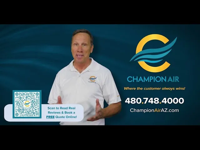 Man in a Champion Air polo shirt promoting HVAC services, featuring a QR code for customer reviews and booking a free quote, with the Champion Air logo in the background.
