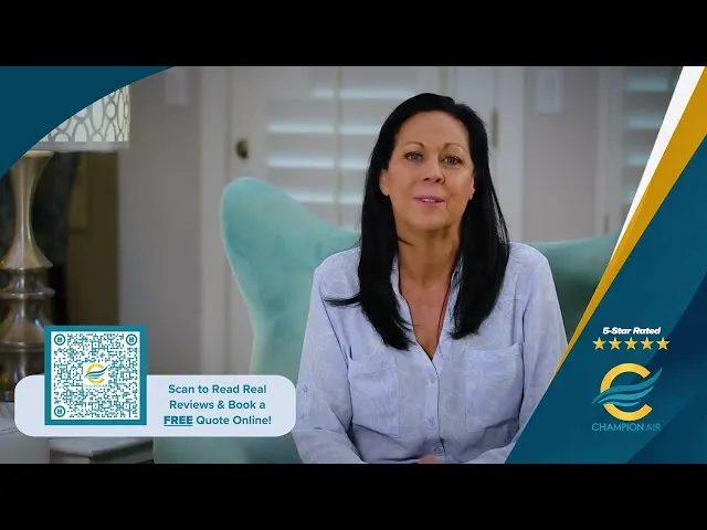 Woman speaking about Champion Air services in a cozy indoor setting, featuring a lamp and turquoise chair, with QR code for reviews and booking.