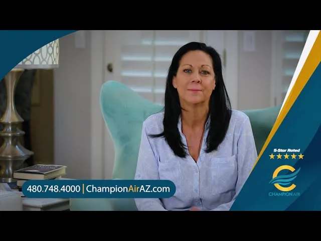 Woman giving a testimonial for Champion Air HVAC services, with contact information and a 5-star rating displayed, in a well-lit indoor setting.