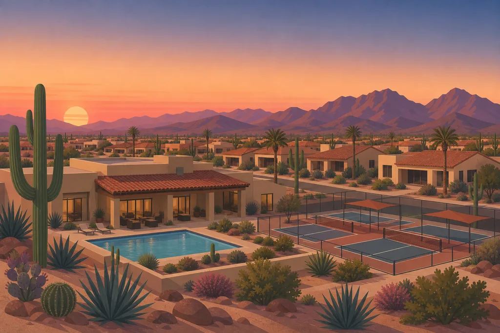 Illustration of an Arizona 55+ active-adult community at dusk — a recreation center with pool and pickleball courts surrounded by single-story tile-roof homes and desert mountains