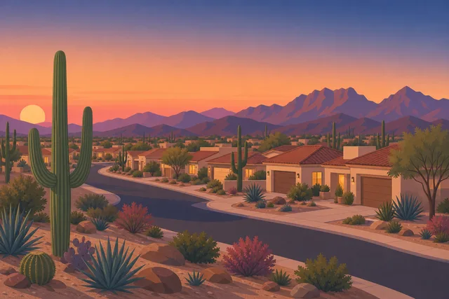 Illustration of a Phoenix Valley neighborhood at dusk — single-story stucco homes with tile roofs, saguaro cacti, and desert mountains on the horizon