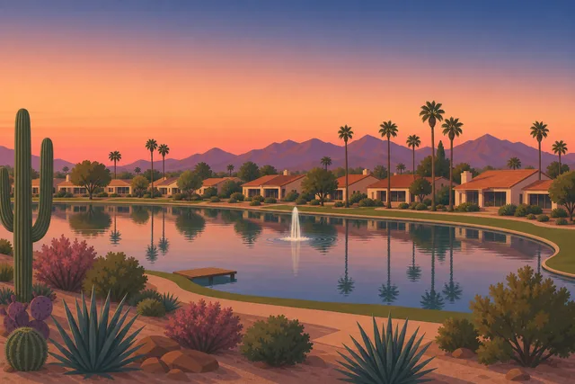 Illustration of Dobson Ranch, Mesa — 1970s single-story homes and palms around a community lake with a fountain at dusk