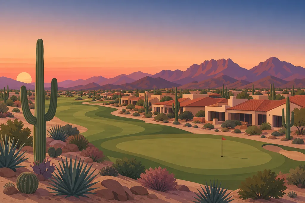 Illustration of an Arizona golf-course community at dusk — a fairway and green winding through single-story tile-roof homes with saguaros and desert mountains beyond