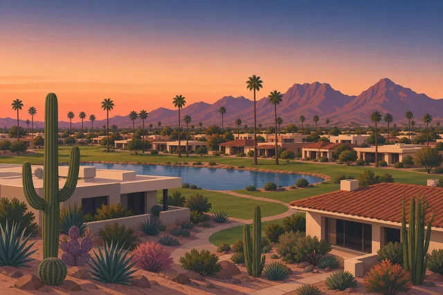 Illustration of McCormick Ranch, Scottsdale — 1970s-80s ranch and patio homes with flat foam roofs, rooftop package units, and tile roofs around a greenbelt lake, palms and Camelback Mountain beyond