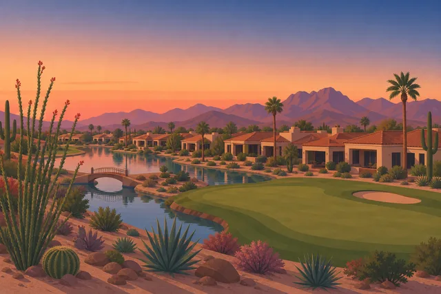 Illustration of Ocotillo, Chandler — stucco tile-roof homes along a waterway with a footbridge opening onto a golf fairway, ocotillo cacti in the foreground
