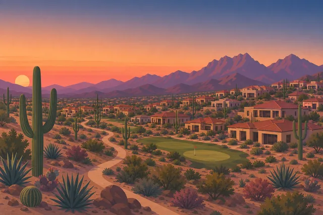 Illustration of Vistancia, Peoria — master-planned homes on rising desert foothill terrain with a winding trail, golf green, and saguaro-covered hillsides