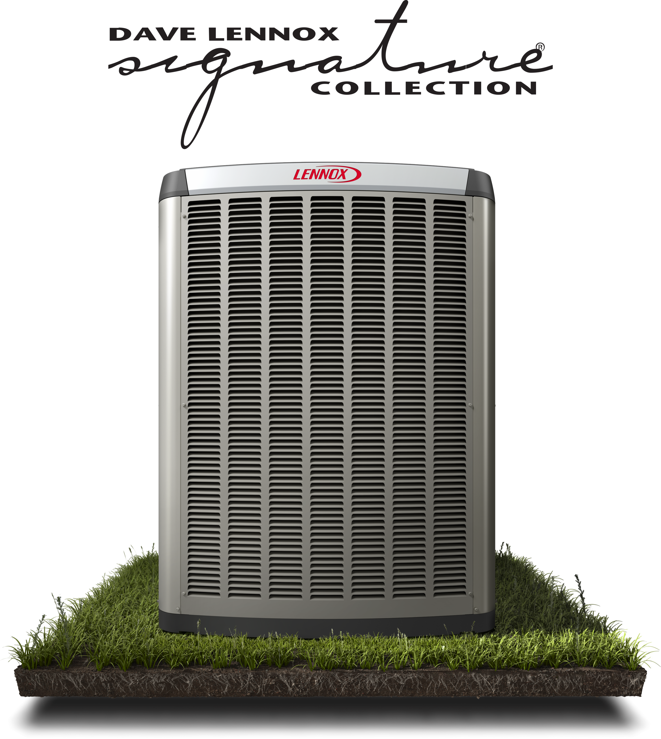 Lennox air conditioner on turf, on white background.